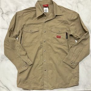 Men's DICKIES FR Fire Resistant Workrite Button-Down SZ Large Tan Khaki HRC 2